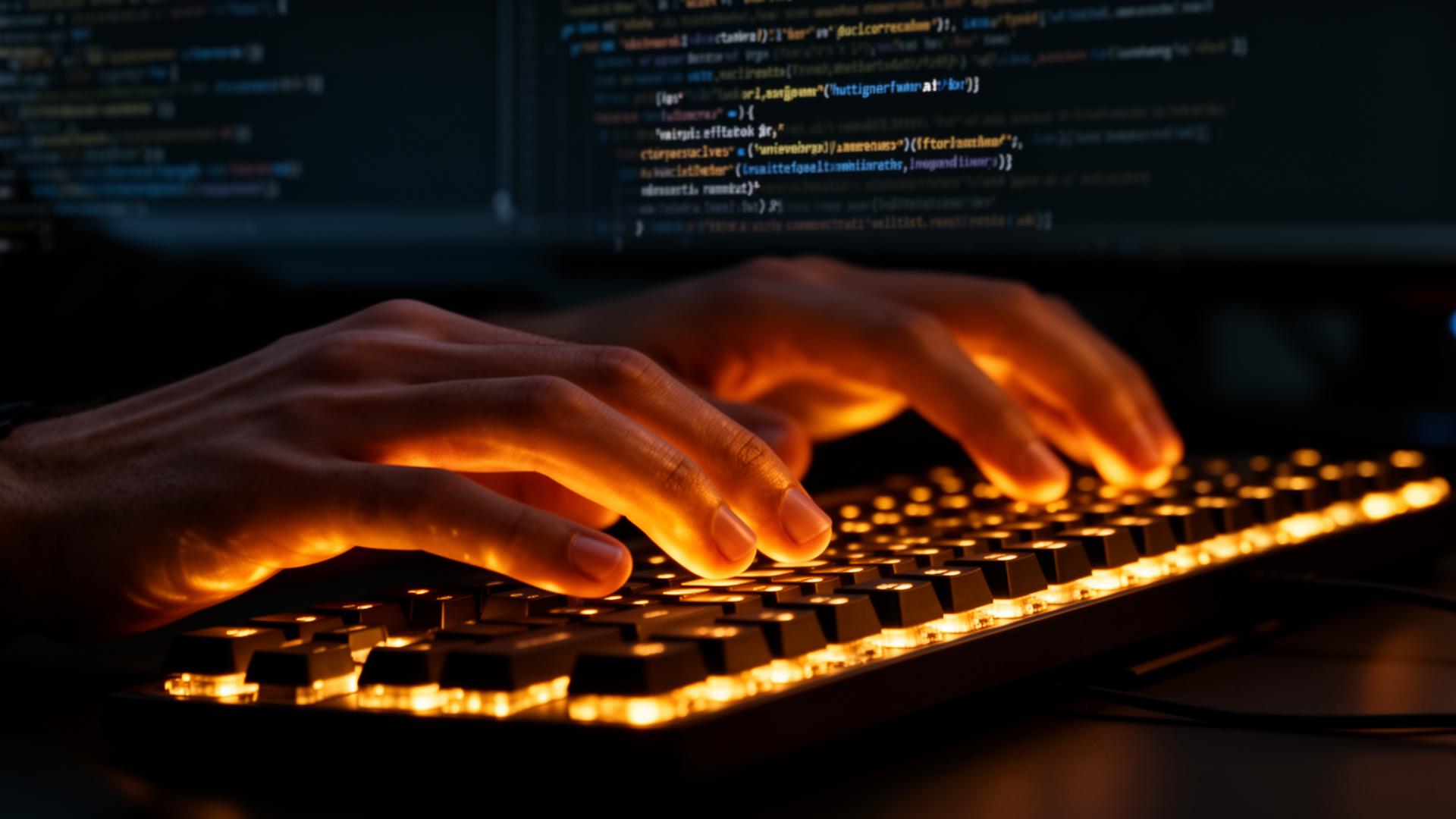 Mãos digitando código em teclado retroiluminado dourado